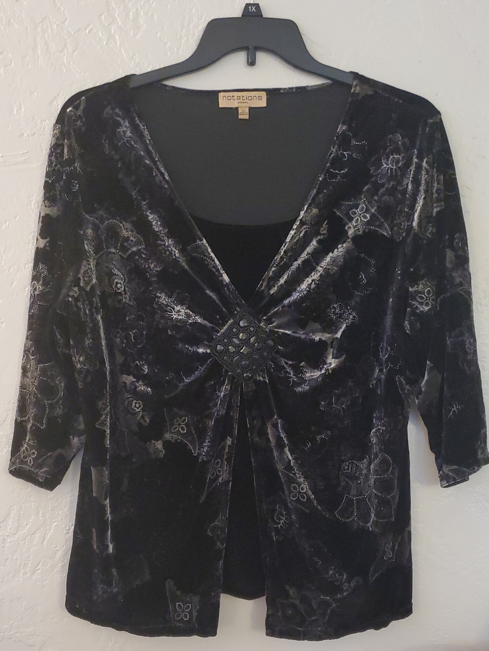 Notations GOTHIC Y2K WHIMSIGOTH Black Velvet Floral 3/4 Sleevel TOP BLOUSE 2X